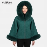 Дамска елегантна пелерина от Алпака с акценти от лисица - Зелен