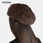 Дамска барета от естествен косъм на норка - Махагон