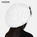 Дамска барета от естествен косъм на Rex Chinchilla - Бяла