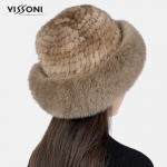 Дамска шапка от естествен косъм на норка с борд от лисица - Пастел