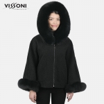 Дамска елегантна пелерина от Алпака с акценти от лисица - Черна