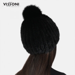 Дамска плетена шапка от естествен косъм на норка с помпон от лисица - Черна
