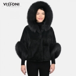 Дамско палто от висококачесвен Испански заек с акценти от лисица - Черно