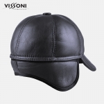 Мъжка кожена шапка от агнешка тула - Тъмно синя