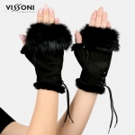 Дамски ръкавици без пръсти от естествена агнешка кожа - Черни