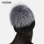 Дамска шапка от естествен косъм на норка Черна с помпон от Сребърна лисица