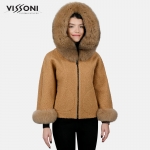 Дамска елегантна пелерина от Алпака с акценти от лисица - Камел