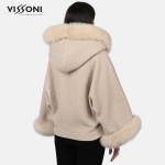 Дамска елегантна пелерина от Алпака с акценти от лисица - Екрю