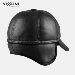 Мъжка кожена шапка от агнешка тула - Черна