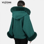 Дамска елегантна пелерина от Алпака с акценти от лисица - Зелен