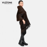 Дамски шал с джобове от естествен косъм на Норка - Махагон