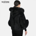 Дамско палто от висококачесвен Испански заек с акценти от лисица - Черно