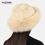 Дамска шапка от естествен косъм на норка с борд от лисица - Паломино