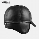 Мъжка кожена шапка от агнешка тула - Черна