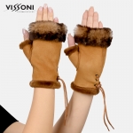 Дамски ръкавици без пръсти от естествена агнешка кожа - Таба