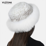 Дамска шапка от естествен косъм на норка с борд от лисица - White