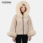 Дамска елегантна пелерина от Алпака с акценти от лисица - Екрю