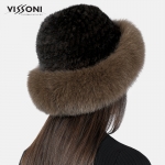 Дамска шапка от естествен косъм на норка с борд от лисица - Махагон