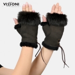 Дамски ръкавици без пръсти от естествена агнешка кожа - Кафяви