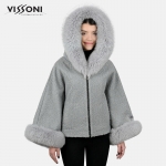 Дамска елегантна пелерина от Алпака с акценти от лисица - Сив