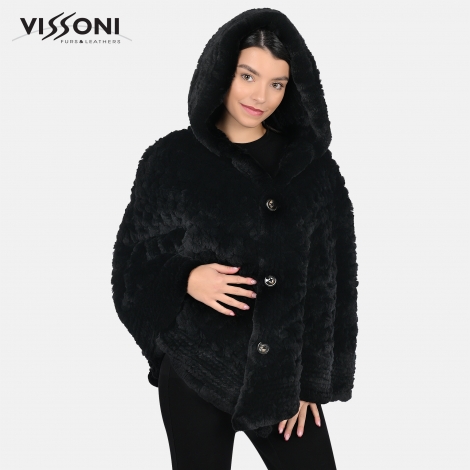 Дамска пелерина с качулка от естествен косъм на Rex Chinchilla - Black