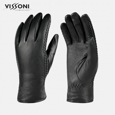 Дамски черни кожени ръкавици с два декоративни шева от еленова кожа