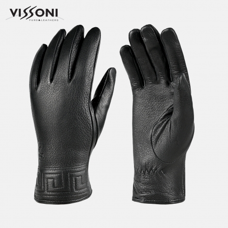 Дамски черни кожени ръкавици с декоративен борд от еленова кожа