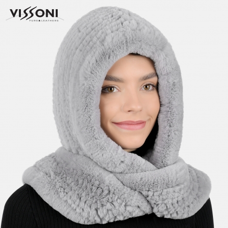 Дамска качулка-шал от естествен косъм на Rex Chinchilla - Сива