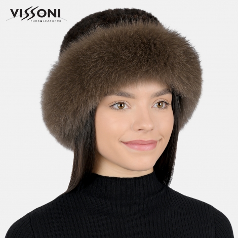 Дамска шапка от естествен косъм на норка с борд от лисица - Махагон