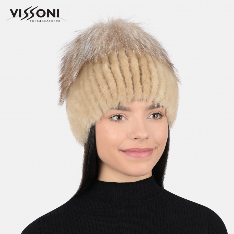 Дамска шапка от естествен косъм на норка Пастел с помпон от лисица Krystal