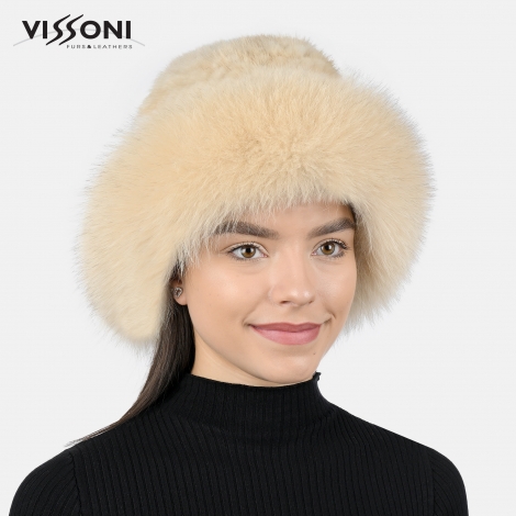 Дамска шапка от естествен косъм на норка с борд от лисица - Паломино