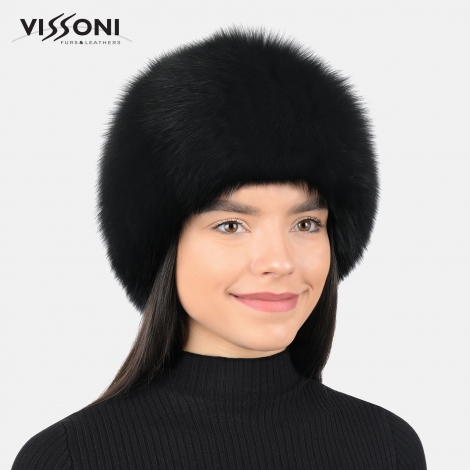 Дамска шапка от естествен косъм на лисица - Черна