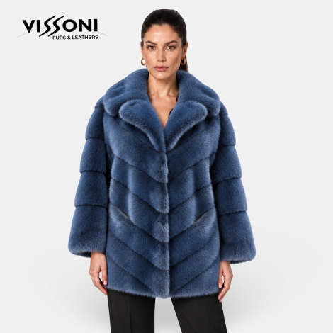 Дамско палто от естествен визон с яка с ревери – Mink Blue Marine