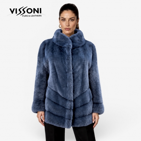 Дамско палто от естествен визон с изправена яка – Mink Blue Marine