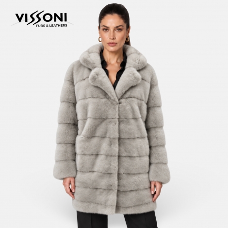 Дамско палто от естествен визон с яка с ревери – Mink Light Grey