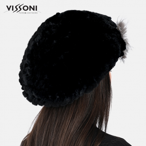 Дамска барета от естествен косъм на Rex Chinchilla - Черна