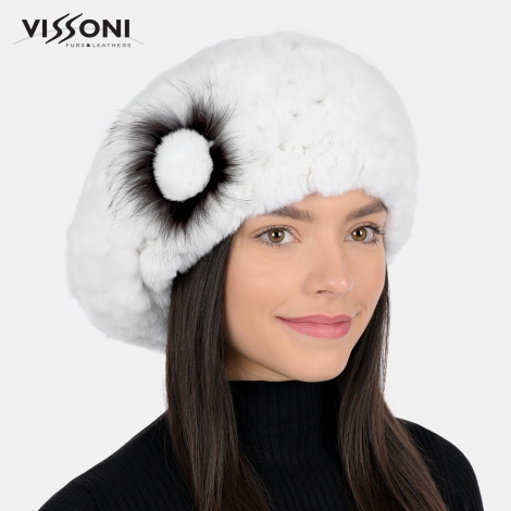 Дамска барета от естествен косъм на Rex Chinchilla - Бяла