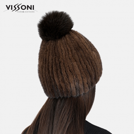Women′s hat made of natural mink fur with fox pompom - Mahagony