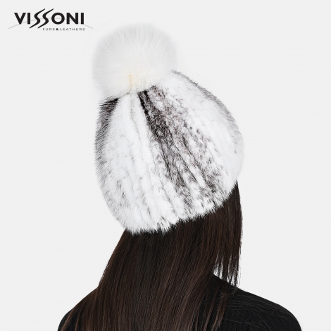 Women′s hat made of natural mink fur with fox pompom - Black Cross
