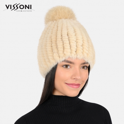 Дамска плетена шапка от естествен косъм на норка с помпон от лисица - Бежава