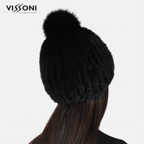 Дамска плетена шапка от естествен косъм на норка с помпон от лисица - Черна