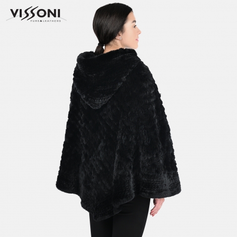 Дамска пелерина с качулка от естествен косъм на Rex Chinchilla - Black
