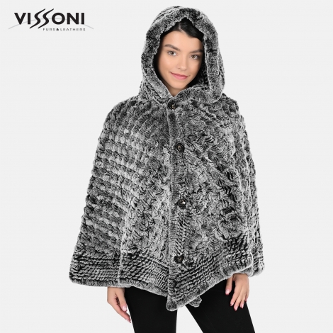 Дамска пелерина с качулка от естествен косъм на Rex Chinchilla - Ice Grey