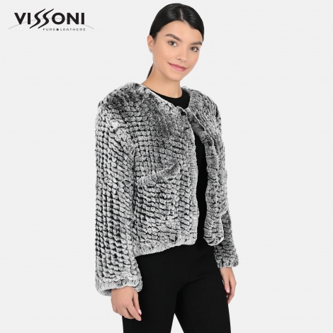 Дамска елегантна жилетка с джобове от естествен косъм на Rex Chinchilla - Ice Grey