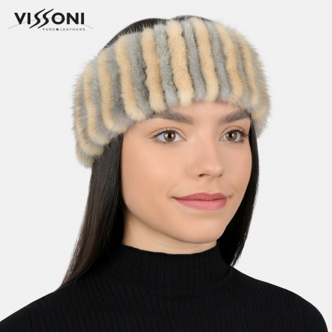 Луксозна лента за глава от естествен косъм на норка - Светло сива/Бежава