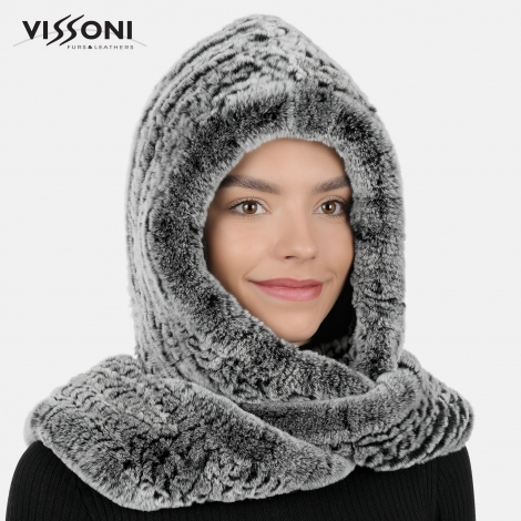 Дамска качулка-шал от естествен косъм на Rex Chinchilla - Ice Grey