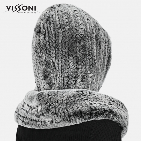 Дамска качулка-шал от естествен косъм на Rex Chinchilla - Ice Grey