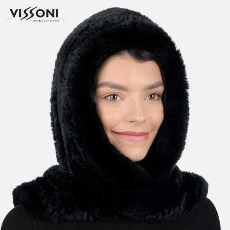 Дамска качулка-шал от естествен косъм на Rex Chinchilla - Черна