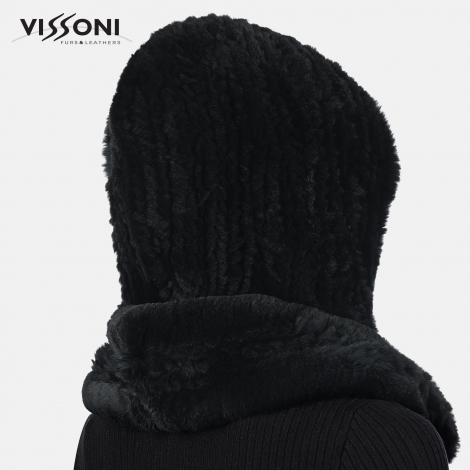 Дамска качулка-шал от естествен косъм на Rex Chinchilla - Черна