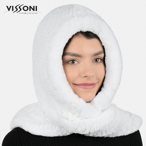 Дамска качулка-шал от естествен косъм на Rex Chinchilla - Бяла